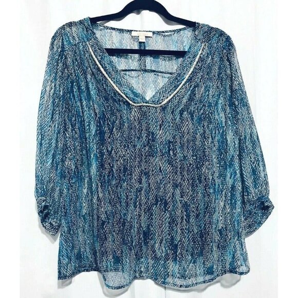 Ella Moss Sheer Embellished Peasant Blouse V Neck Long Sleeves Womens Size Small - Picture 1 of 5